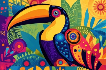 A vibrantly colored artistic illustration of a toucan bird