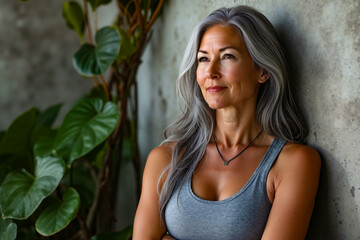 Fototapeta premium A woman leaning against a wall with her arms crossed