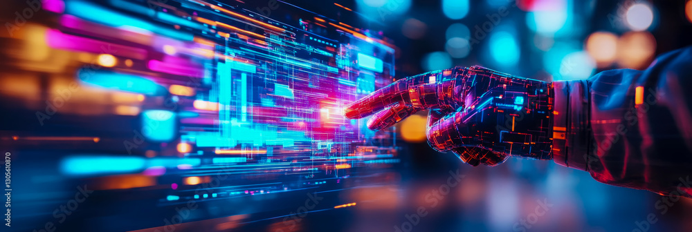 Poster digital touch: artificial intelligence hand interacting with futuristic data stream, for a technolog