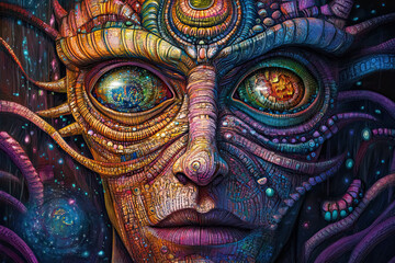 Fototapeta premium Visionary DMT Art of an Alien Mystic face with Hypnotic Cosmic Eyes, Fractal Facial Patterns