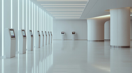 Futuristic bank lobby with blockchain terminals and no tellers