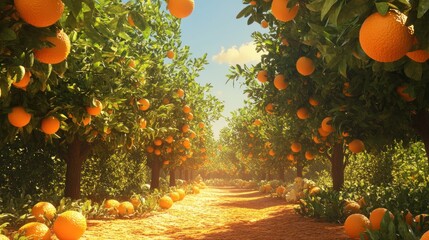 Sun-drenched orange grove pathway