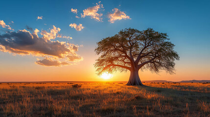 Obraz premium Majestic baobab tree glowing under a sunset in the vast savannah landscape of Africa with dramatic clouds and warm colors