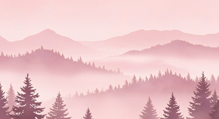 Fototapeta premium Pink Mountain Range with Forest and Foggy Haze Landscape Scenery