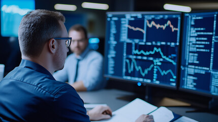 Financial Brokers Analyzing Live Data in Advanced Monitoring Room