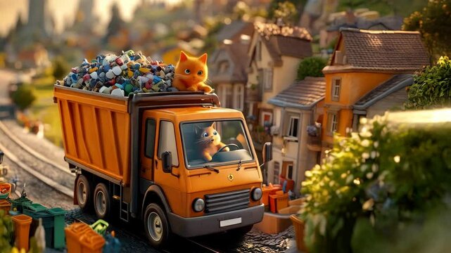 Orange kitty and street machine garbage clean