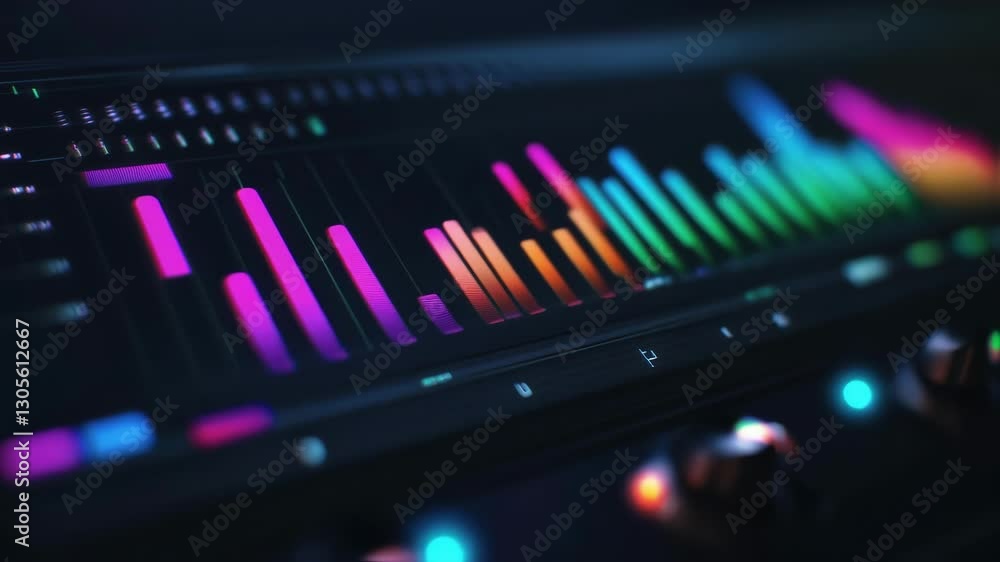 Poster professional audio spectrum analyzer visualizing colorful sound levels with glowing knobs and contro