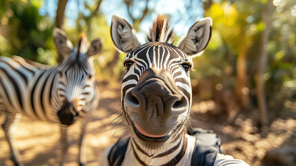 Fototapeta premium Zebras interacting playfully in a natural habitat during a sunny day in the wild, showcasing their striking black and white stripes