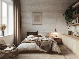 A beautifully decorated bedroom showcasing neutral colors and stylish furnishings