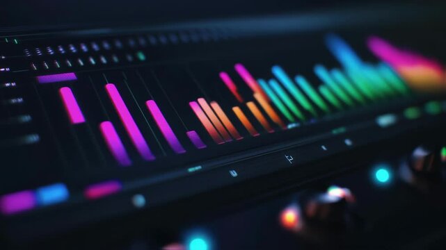 Professional audio spectrum analyzer visualizing colorful sound levels with glowing knobs and controls in dark studio environment for music production and sound engineering