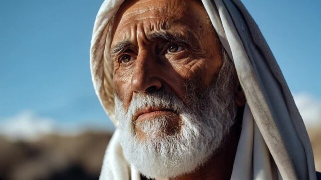 Prophet Abraham from Bible, father of many nations, and blue sky in background.
Key figure in Judaism and Christianity, Christian story of Israel.
