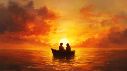 Couple in Rowboat Sunset Seascape