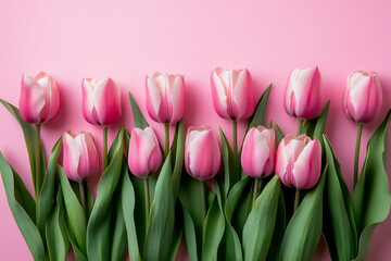 Fototapeta premium photo of pink tulips on a pink background, in a flat lay composition.
