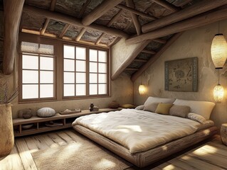 Rustic bedroom interior featuring low bed and beamed ceiling architecture