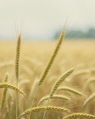 Fototapeta premium Golden Wheat Field with Spikes and Blurry Background for Text Overlay in Northern Agriculture Landscape.