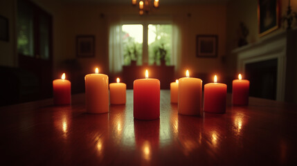 Burning candles on wooden table in a warm home setting with soft lighting
