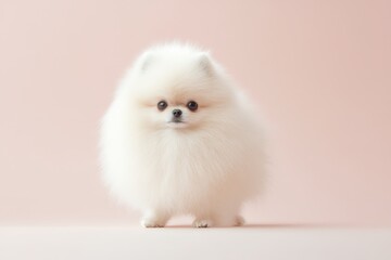 Obraz premium Fluffy Pomeranian Spitz standing proudly against a soft pink backdrop in a charming indoor setting. Generative AI