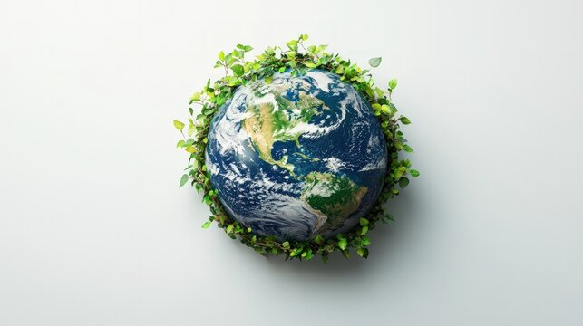 Earth surrounded by plants on a white surface