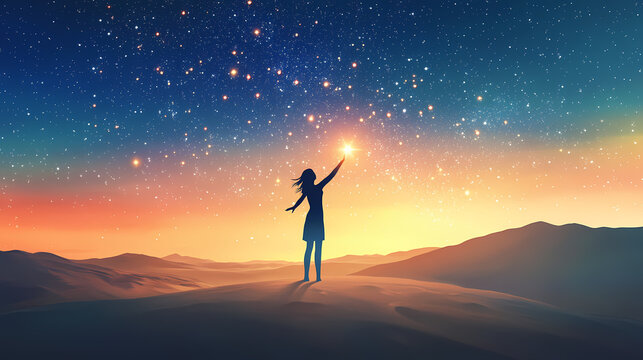 Illustration of a woman reaching for the stars glowing in a bright sky. Freedom - Desert. Illustration