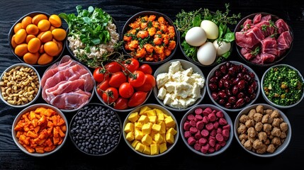 Variety of raw ingredients arranged on dark wood