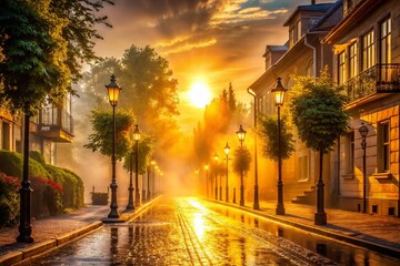 Obraz premium Misty Sunrise Street Scene: Golden Hour Urban Photography