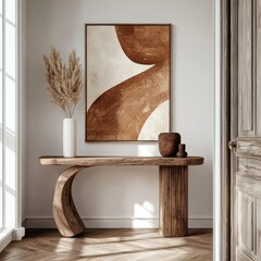 Large colorful abstract painting gracefully displayed above a stylish console table