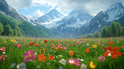 Colorful wildflowers bloom in alpine meadow, majestic mountains backdrop; nature scene