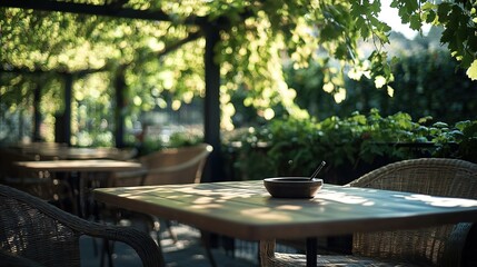 Sunlit Outdoor Table With Wicker Chairs Under Leafy Canopy