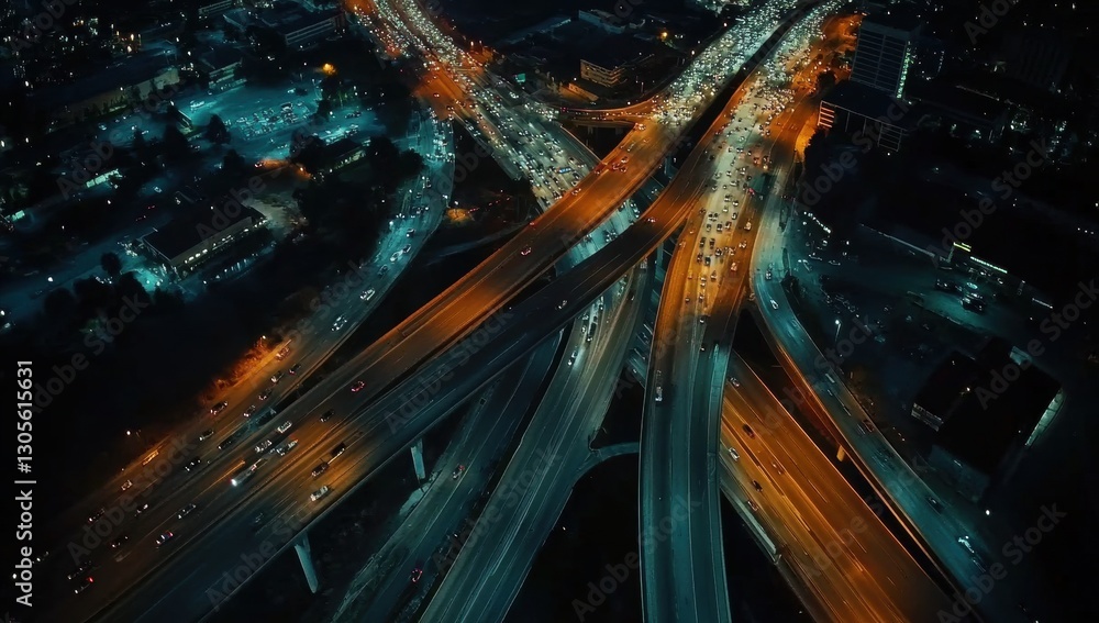 Aufkleber aerial view of the busy highway at night with long exposure lights, creating streaks and trails on t