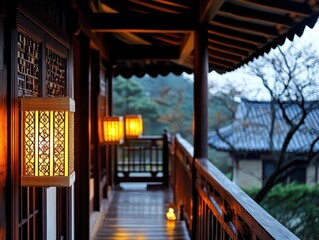 A tranquil scene of a lit wooden porch in dusk