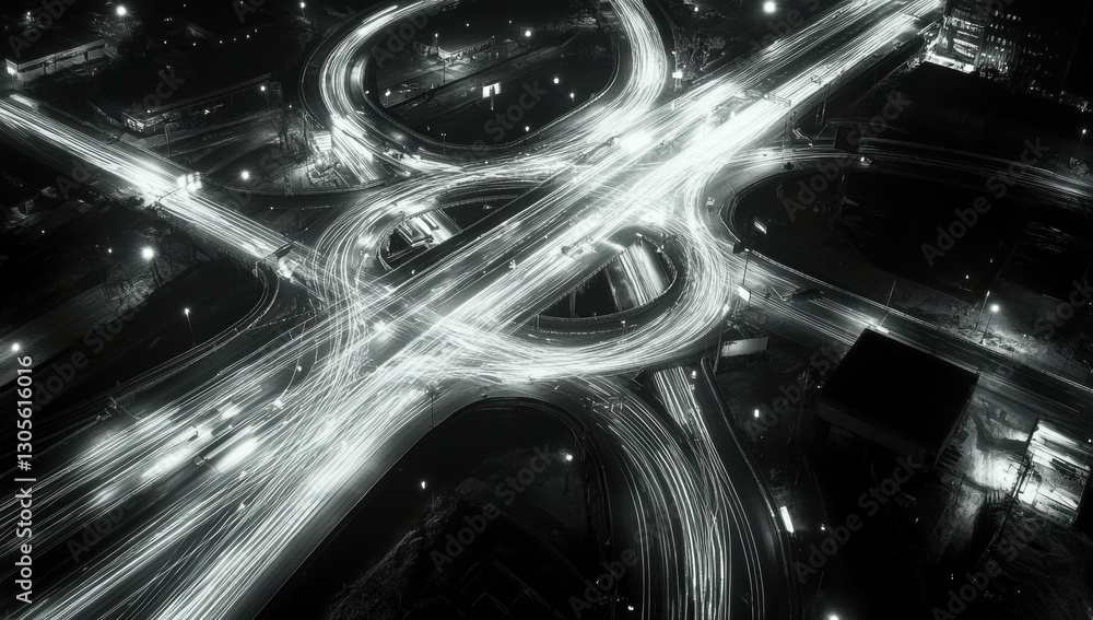 Aufkleber aerial view of a highway intersection at night with long-exposure lights, representing the concept o