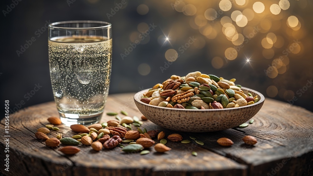 Poster delightful assortment of nuts and sparkling water on rustic wooden table with soft background lights