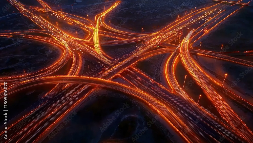 Aufkleber aerial view of a highway intersection at night with long-exposure lights, representing the concept o