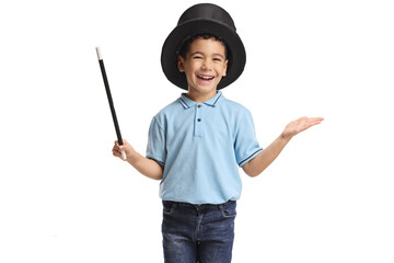 Boy wearing a magician top hat and holding a wand