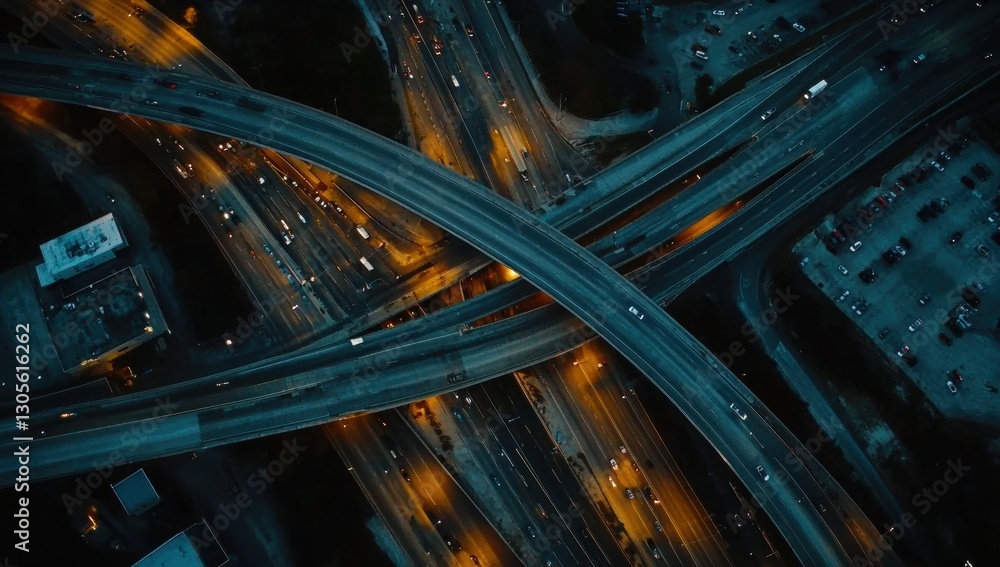 Aufkleber aerial view of the complex network of traffic lights and highway segments on an overpass at night, s