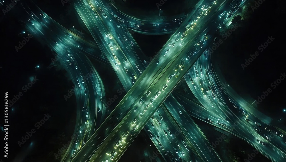 Poster aerial view of the complex network of traffic lights and highway segments on an overpass at night, s