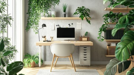 Bright and airy room showcasing a functional desk with a computer, shelves, and a vibrant indoor plant for inspiration