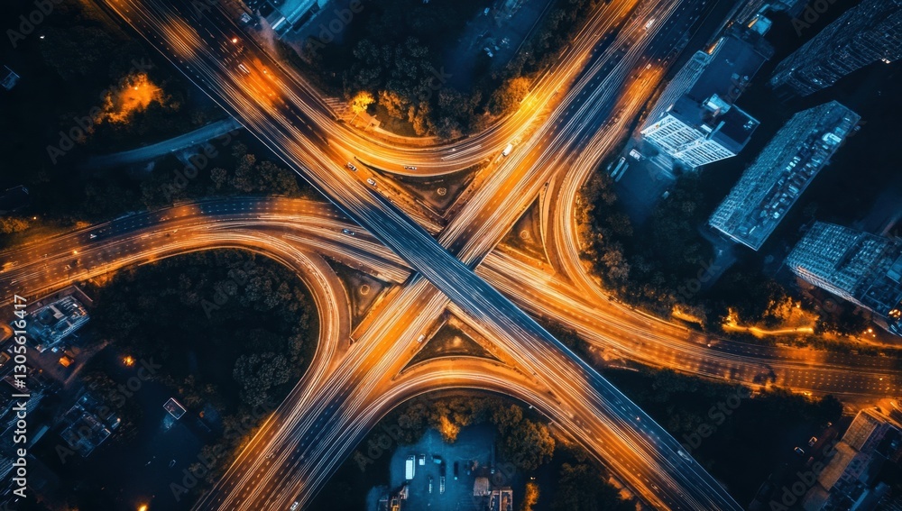 Aufkleber aerial view of a highway intersection at night with light trails, showcasing the complex web of road