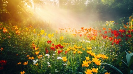 Obraz premium Beautiful colorful wild flowers in deep foggy forest with sun light in Spring.