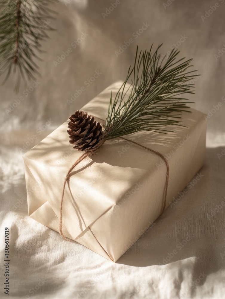 Aufkleber gift wrapped with natural elements, featuring pine and a pine cone on a soft fabric background in wa