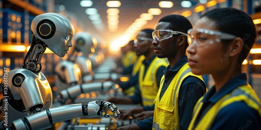 Poster workers and robots collaborating in a modern factory setting