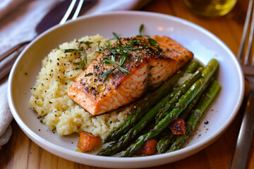 A plate of salmon and asparagus on a bed of couscous