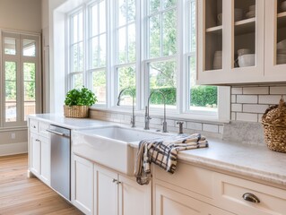 A bright and clean kitchen interior with large window