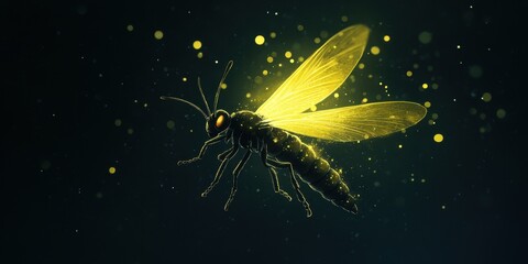 A glowing insect with transparent wings floats in darkness
