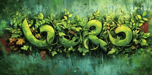 Artistic green graffiti with leafy vines covering the surface