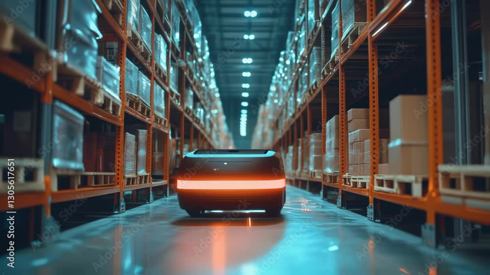 Poster autonomous guided vehicle navigating dimly lit warehouse corridor, transporting merchandise across s