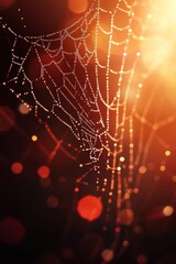 Beautiful spider web in wild field with dew in morning in Spring.