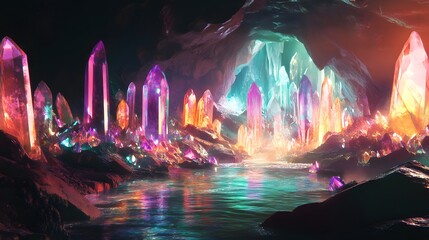 An underground crystal cave with shining gems