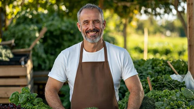 A man stands in front of a vegetable stand with a big smile on his face