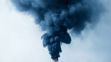 Dense black smoke cloud rising against a white background, ideal for pollution, fire disasters, and atmospheric effects in design